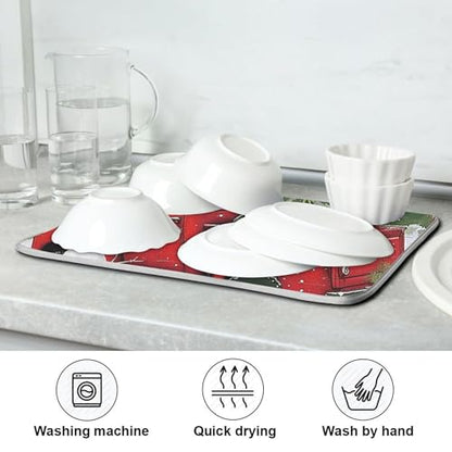 Christmas Red Truck Snowman Dish Drying Mat 18x24 for Kitchen Winter Xmas Tree Snowflake Cardinal Bird Dishes Pad Dish Drainer Rack Mats Absorbent Fast Dry Kitchen Accessories
