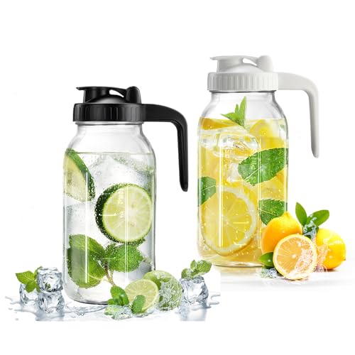 64oz Glass Pitcher with Lid & V-shaped Pour Spout - 2 Quart Breastmilk Pitcher Double Leak Proof, Creamer Container for Sun Tea, Juice, Cold Brew Coffee, Breastmilk Storage Containe - color: Black+White, size: 64 Ounces