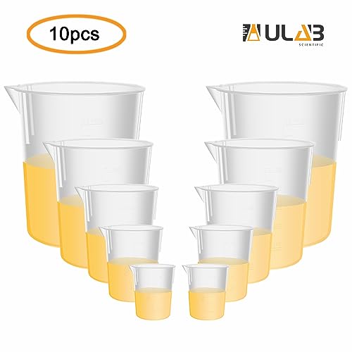 ULAB Scientific Plastic Beaker Set, 5 Sizes 50ml 100ml 250ml 500ml 1000ml, 2pcs for Each Size, Stackable with Spout, Molded Graduation, UBP1007 - style: 5 Sizes with Molded Graduation