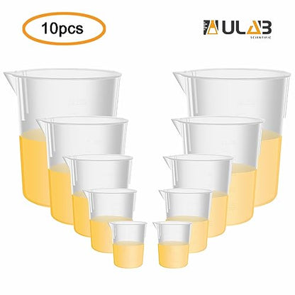 ULAB Scientific Plastic Beaker Set, 5 Sizes 50ml 100ml 250ml 500ml 1000ml, 2pcs for Each Size, Stackable with Spout, Molded Graduation, UBP1007 - style: 5 Sizes with Molded Graduation