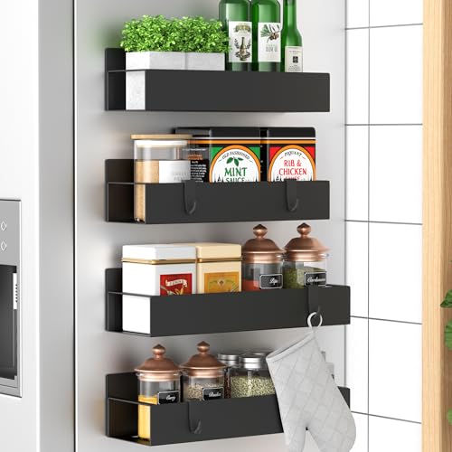 HuggieGems Metal 4 Pack Magnetic Spice Storage Rack Organizer for Refrigerator and Oven, Black Fridge Organizers and Storage, Metal - color: Black, size: 4 Pack