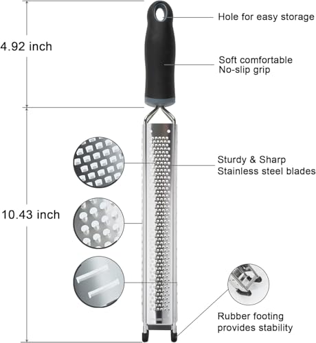 3 in 1 Cheese Grater Zester Citrus Lemon 304 Stainless Steel Zester Versatile Sharp Tool for Parmesan Cheese Ginger Garlic Nutmeg Chocolate Vegetables Fruits 15'' - color: L-Black