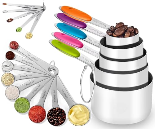 Stainless Steel Measuring Cups and Spoons Set of 19, 5 Measuring Cups with Colored Silicone Handles, 9 Nesting Spoons, 5 Mini Spoons, Kitchen Gadgets for Cooking & Baking, Dry and Liquid Ingredients - size: Set of 19