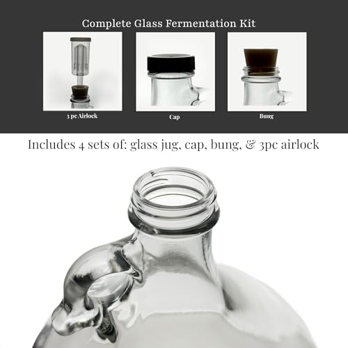 North Mountain Supply 1 Gallon Glass Fermenting Jug with Handle, 6.5 Rubber Stopper, 3-Piece Airlock, Black Plastic Lid - Set of 4