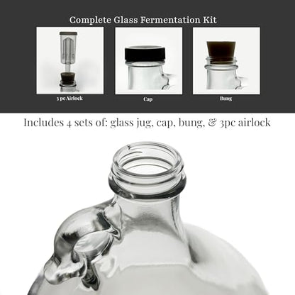 North Mountain Supply 1 Gallon Glass Fermenting Jug with Handle, 6.5 Rubber Stopper, 3-Piece Airlock, Black Plastic Lid - Set of 4