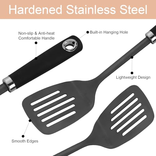 Black 3 Piece Stainless Steel Cooking Utensils Set, Metal Slotted Spoon, Slotted Turner Spatula and Skimmer Set for Frying, Serving, Dishwasher Safe - color: Z-Black Cooking Utensils