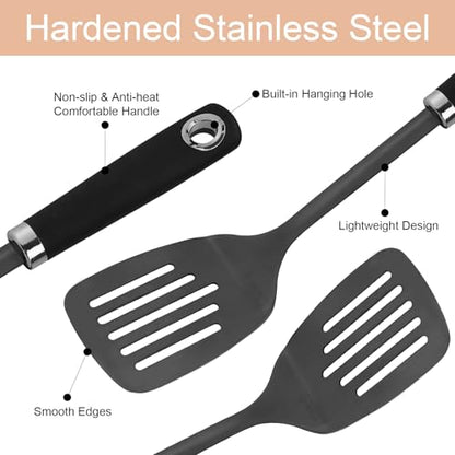 Black 3 Piece Stainless Steel Cooking Utensils Set, Metal Slotted Spoon, Slotted Turner Spatula and Skimmer Set for Frying, Serving, Dishwasher Safe - color: Z-Black Cooking Utensils