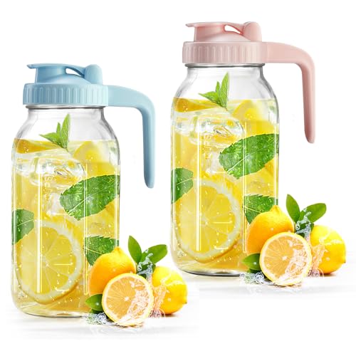 2 Pack Mason Jar with Pour Spout Lid V-shaped, 2 Quart Iced Tea Pitcher Double Leak Proof, 64 oz Drink Pitcher for Breastmilk, Sun Tea, Juice, Coffee Creamer, Formula Pitche - color: Pink+Blue, size: 64 Ounces