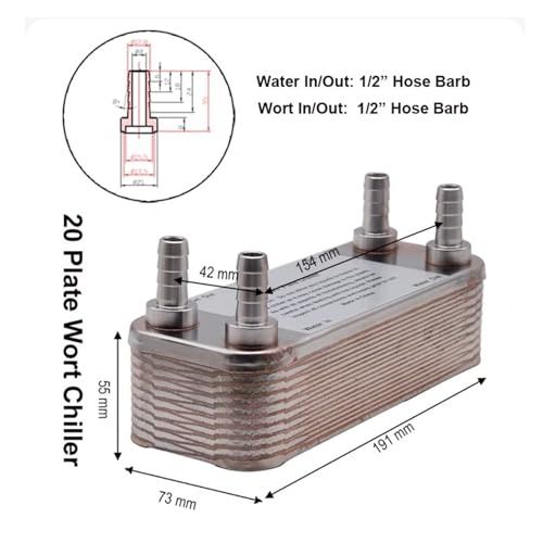 20/30/60 Plates Heat Exchanger Wort Chiller Cooler SUS 304 Stainless Steel For wort Cooling(20 Plates 1/2" Barbed 12.7mm) - size: 20 Plates 1/2" Barbed 12.7mm