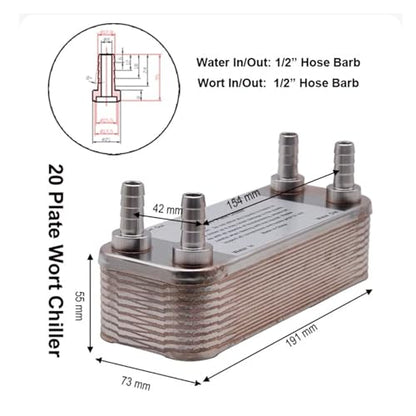 20/30/60 Plates Heat Exchanger Wort Chiller Cooler SUS 304 Stainless Steel For wort Cooling(20 Plates 1/2" Barbed 12.7mm) - size: 20 Plates 1/2" Barbed 12.7mm