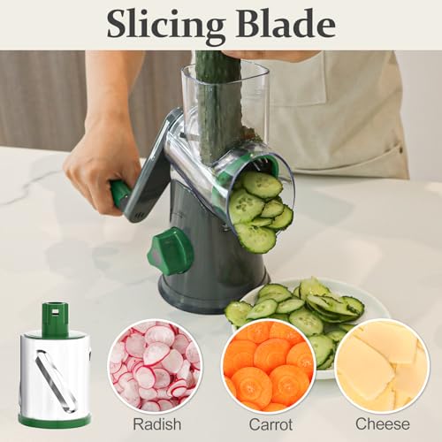 Cambom Rotary Cheese Grater Hand Crank Cheese Shredder for Fresh Cheese, Vegetable, Nuts,Non-slip Suction Base, Three Blades, Gray Green - color: Gray Green, size: 3 BLADES