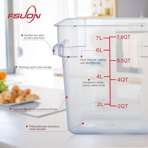 4 Pack 8 Qt Square Polycarbonate Food Storage Containers with Lids | Clear BPA-free PC with lids, side handles, measurement scale and stackable design; for food prep, storage and freezer use. - color: 8Qt