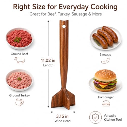 Teak Wooden Meat Chopper, Meat Chopper for Ground Beef, Heat-Resistant Non-Scratch Wooden Meat Masher for Hamburger, Beef, Turkey, Safe for Nonstick Cookware (1Pcs)