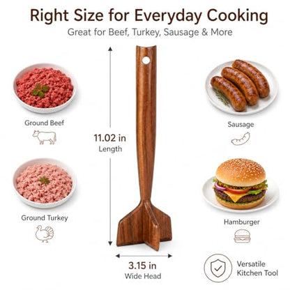 Teak Wooden Meat Chopper, Meat Chopper for Ground Beef, Heat-Resistant Non-Scratch Wooden Meat Masher for Hamburger, Beef, Turkey, Safe for Nonstick Cookware (1Pcs)
