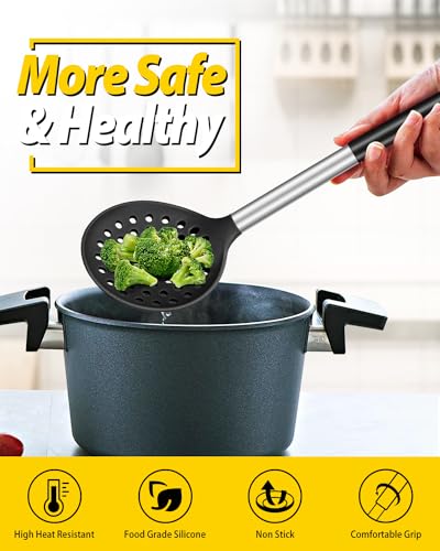Kitchen Ladle Strainer Set of 2 Large Slotted Spoon with High Heat Resistant BPA Free Non Stick Cooking Skimmers For Draining and Frying (Black-Khaki) - color: Black+Khaki