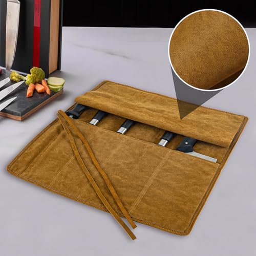 Genuine Leather Knife Roll, Knife Bags for Chefs Professional, Small Chef'S Knife,Knives Holders Protectors with 5 Slots - color: 5 Slots Dark Brown