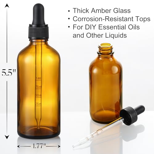 4 Pack, 100ml Dropper Bottles with 2pcs Glass Pipettes(1ml) - Essential Oils Bottles for Health, Personal Care & Beauty - 3.4oz Thick Dark Amber Glass Tincture Bottle with Eye Droppers, Leakproof - style: Measured Dropper