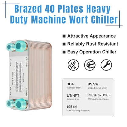 Wort Chiller, 40 Plate Stainless Steel Brazed Plate Heat Exchanger, 1/2 NPT & 3/4 NPT Thread Plate Wort Chiller for Homebrew, Beer Brewing Chiller Wort Cooler -7.5" x 3.8" - size: 40 Plate（1/2 NPT & 3/4 NPT）