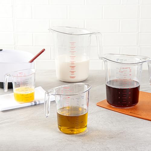 Restaurantware RW Base 1 Quart Measuring Jar 1 Durable Measuring Beaker - Metric And Imperial Units V-Shaped Spout Clear Plastic Measuring Cup Handle With Thumb-Grip Tolerates Up To 248F - color: Clear, size: 6.50" × 4.75" × 6.00"