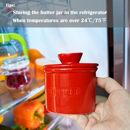 Ceramic Butter Crock, Airtight Butter Crock With Lid for Countertop, Round French Butter Keepers, Porcelain Butter Dish With Lid (Red) - size: Red