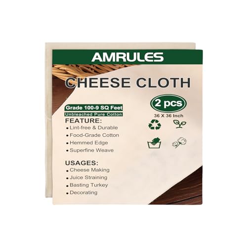 Amrules Cheese Cloths for Straining, 2PCS 36x36 Inch Grade 100 Cheese Cloth, Reusable Washable Unbleached Pure Cotton Cheesecloth for Cooking and Cheese Making with Hemmed Edge - size: 36x36 Inch - 2 PC