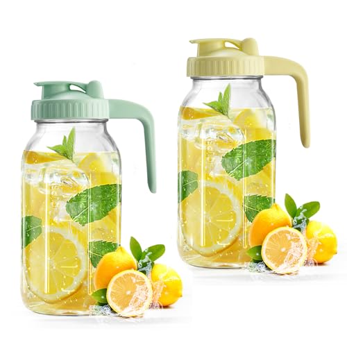 Mason Jar with Pour Spout Lid V-shaped, 2 Quart Iced Tea Pitcher Double Leak Proof, 64 oz Drink Pitcher for Breastmilk, Sun Tea, Juice, Coffee Creamer, Formula Pitche - color: Green+Yellow, size: 64 Ounces