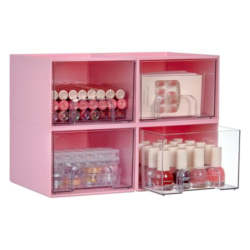 Vtopmart 4 Pack Small Clear Stackable Storage Drawers, Acrylic Bathroom Makeup Organizer, Plastic Storage Bins for Vanity, Undersink, Kitchen Cabinets, Pantry, Home Organization,Pink - style: 4pack-Pink