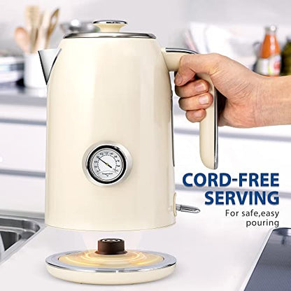 PUKOMC Electric Kettle, 1.7L Stainless Steel Tea Kettle with Temperature Gauge, 1500W Water Boiler with LED Light, BPA-Free, Auto Shut-Off and Boil-Dry Protection (Beige) Visit the Pukomc Store - color: Beige