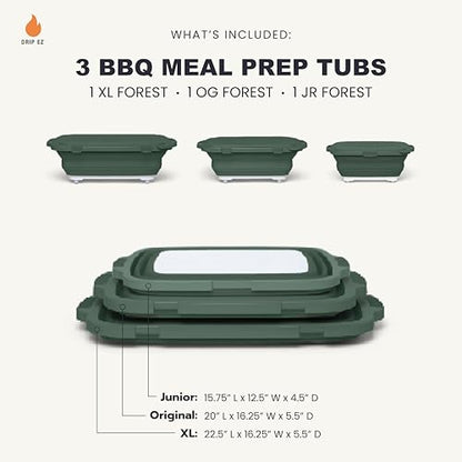 Drip EZ Collapsible BBQ Prep Tubs 3-Piece Set - For Meal Prep Marinating Food Storage - Includes Cutting Board & Lid - (1) JR + (1) OG + (1) XL - Green - color: Green