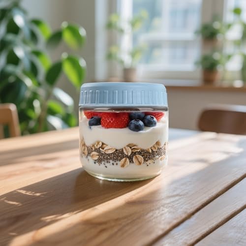 SHOWIN Overnight Oats Containers with Lids, 10oz Glass Jars with Lids 8 pcs, Light Blue, Wide Mouth Mason jars for Salad, Yogurt, Snacks, Meal Prep - color: Light Blue, size: 10oz-8pc