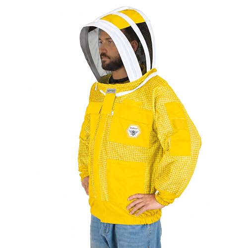 Beekeeping Jacket with Veil 3-Layer Ultra Ventilated 2 Veil Options (Fencing & Round) YKK Zippers Full Protection Suit Carrying Bag (BP-302-Golden)-5XL - color: Golden 2 Veils, size: 5XL