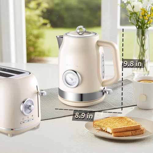 Retro Electric Kettle, 1.7L 304 Stainless Steel Tea Kettle with Temperature Gauge, 1500W Fast Boiling Water Boiler,Auto Shut-Off & Boil-Dry Protection, BPA-Free, Beige - color: Beige