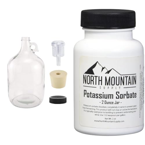 North Mountain Supply 1 Gallon Glass Fermenting Jug with Handle, 6.5 Rubber Stopper, 2-Piece Airlock, Black Plastic Lid - Set of 1 & Food Grade Potassium Sorbate Stabilizer - 2 Ounce Jar