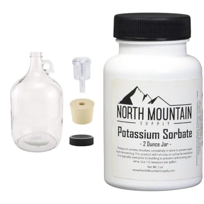 North Mountain Supply 1 Gallon Glass Fermenting Jug with Handle, 6.5 Rubber Stopper, 2-Piece Airlock, Black Plastic Lid - Set of 1 & Food Grade Potassium Sorbate Stabilizer - 2 Ounce Jar