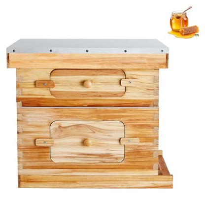 Happybuy Bee Hive 20 Frame Starter Kit - Premium Fir Wood with Beeswax Coating. Includes 1 Deep + 1 Medium Bee Boxes. Langstroth Beehive with Transparent Acrylic Windows and Foundations.