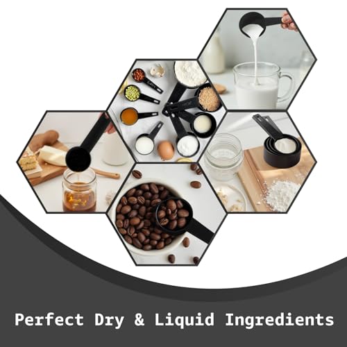 Inmorven 10pcs Measuring Cups and Spoons Set, BPA-Free Plastic Kitchen Baking Tools with Engraved Markings, Stackable Design for Dry & Liquid Ingredients (Black) - color: Black