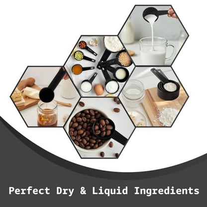 Inmorven 10pcs Measuring Cups and Spoons Set, BPA-Free Plastic Kitchen Baking Tools with Engraved Markings, Stackable Design for Dry & Liquid Ingredients (Black) - color: Black