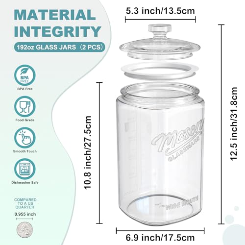 Ritayedet 2 Pack 1.5 Gallon Glass Jar with Lid, Wide Mouth Mason Jar | Sourdough Starter Jar with Scale Marking, Large Flour Sugar Container with Lid for Candy, Flour, Sugar, Coffee, Dog Treat - size: 1.5 Gallon, 2 Pack