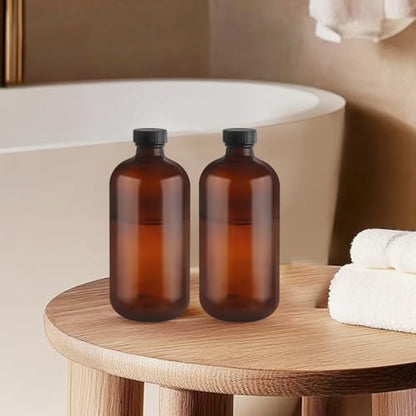 480ml/16oz Amber Glass Bottles Brown Round Bottle Containers with Black Leak Proof Seal Caps for Homemade Essential Oils Lab Home Kitchen - 4 Pcs - color: 4 Pcs