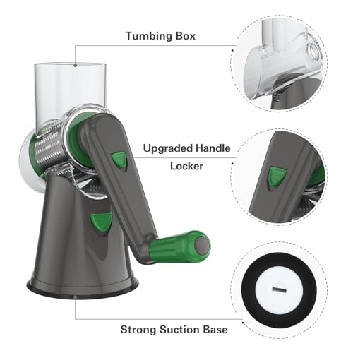 Cambom Rotary Cheese Grater Hand Crank Cheese Shredder for Fresh Cheese, Vegetable, Nuts,Non-slip Suction Base, Three Blades, Gray Green - color: Gray Green, size: 3 BLADES