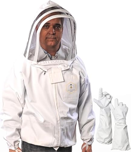 Beekeeping Jacket with Fencing Veil and Gloves, Cotton Bee Jacket for Men and Women, Heavy-Duty Brass Zippers - size: XL
