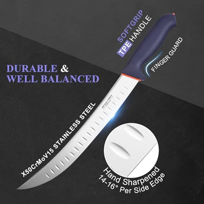 12 Inch Brisket Slicing Knife,Carving Knifewith Granton Edge, X50CrMoV15 Stainless Steel Butcher Knife with Ergonomic Non-Slip Handle for Meat Cutting, BBQ & Turkey - color: ‌Navy Blue, size: 12"