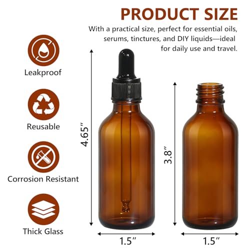 48 Pack 2oz Amber Glass Dropper Bottles, 60ml Leakproof Eye Dropper Bottles with Glass Droppers for Essential Oils, Tinctures, Serum, Hair Oil & Travel Liquids - size: 2oz