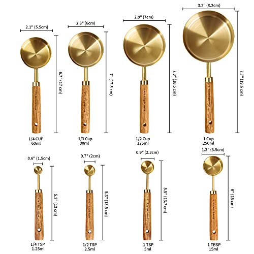 GuDoQi 8Pcs Gold Measuring Cups and Spoons Set, Wooden Handle, Premium Stainless Steel with Metric & US Measurements, Nesting for Dry/Liquid Kitchen/Food/Baking - color: Golden
