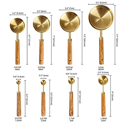 GuDoQi 8Pcs Gold Measuring Cups and Spoons Set, Wooden Handle, Premium Stainless Steel with Metric & US Measurements, Nesting for Dry/Liquid Kitchen/Food/Baking - color: Golden