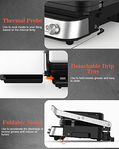 CATTLEMAN Panini Press Grill Sandwich Maker with Removable Plates, 1600W, 5 in 1 Smokeless Indoor Grill & Griddle with Meat Thermometer, Electric Contact Grills for Kitchen, Stainless Steel - color: Silver with Reversible Plates