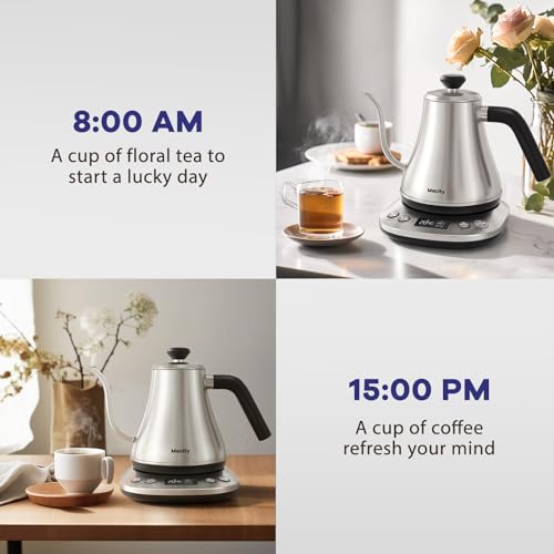 Mecity Electric Gooseneck Kettle With LCD Display Automatic Shut Off Retro Coffee Kettle Temperature Control Hot Water Boiler to Pour Over Tea, 1200 Watt Quick Heating Tea Pot, 0.8L, Stainless Steel - color: Stainless Steel