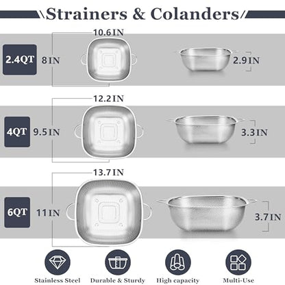 E-far 3 Pack Colander for Kitchen, Square Stainless Steel Metal Strainer Colander with Handle for Draining Food Pasta Vegetable, Micro-Perforated & Elevated Feet, Dishwasher Safe(2.4/4/6QT) - size: 2.4/4/6QT