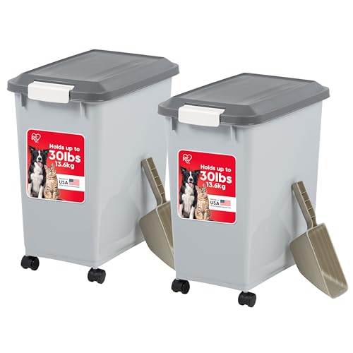 IRIS USA Dog Food Storage Container with Wheels, Airtight Lid, 2-Cup Scoop, Up to 30 Pounds Pet Food Storage, Built in Scoop Storage in Lid, Pet Food Bin, Portable, BPA Free, 2 Pack, Gray/Dark Gray - color: Dark Gray, size: 30 lbs - 2 Pack