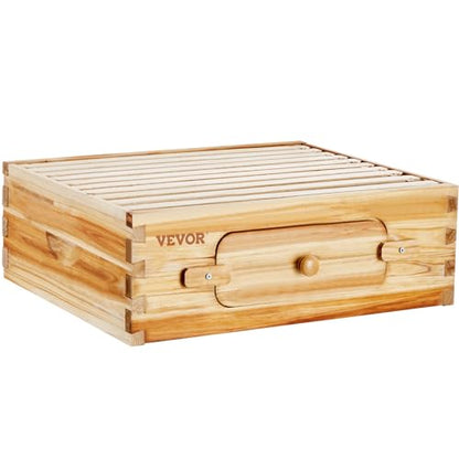 VEVOR 10 Frame Medium Super Bee Hive Box, Bee Box Dipped in 100% Beeswax, Langstroth Beehive Kit with 10 Frames and Foundations and Transparent Acrylic Windows for Beekeeping Supplement - size: Medium Super Box